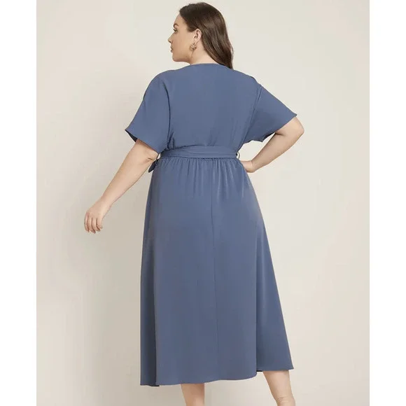 Bloomchic Plain Dolman Sleeve Pocket Stone Blue Flutter Midi Dress 1X NWT - Picture 5 of 7